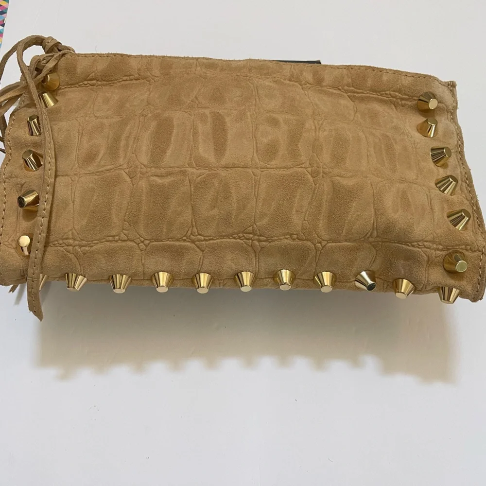 Linea Pelle Designer Clutch Tan Suede Leather Animal Print Gold Studs Lined